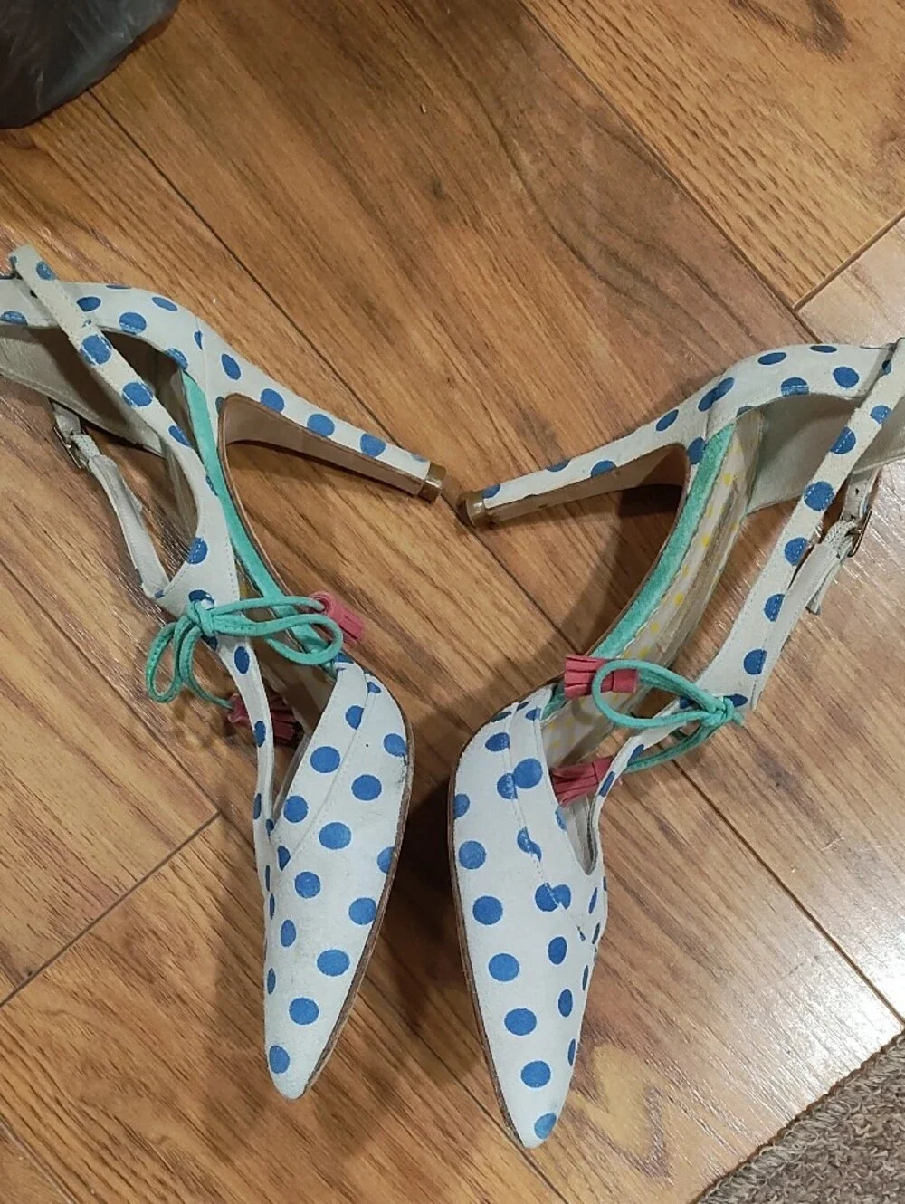 Boden White Pointed-Toe Polka Dot Heels with Blue Dots and Teal Ankle Tie